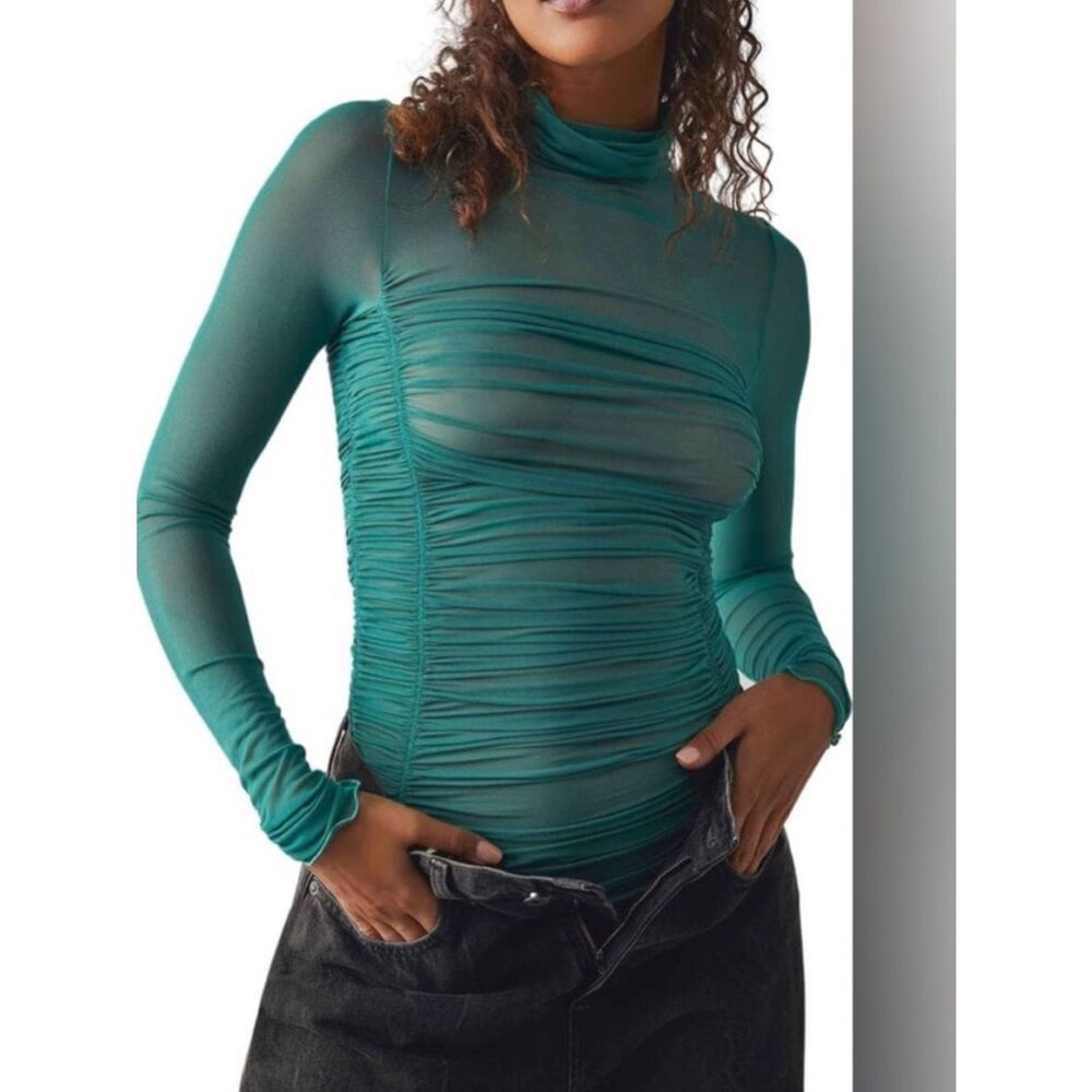 Free People Under it All Teal Mesh Ruched Long Sleeve Bodysuit XS